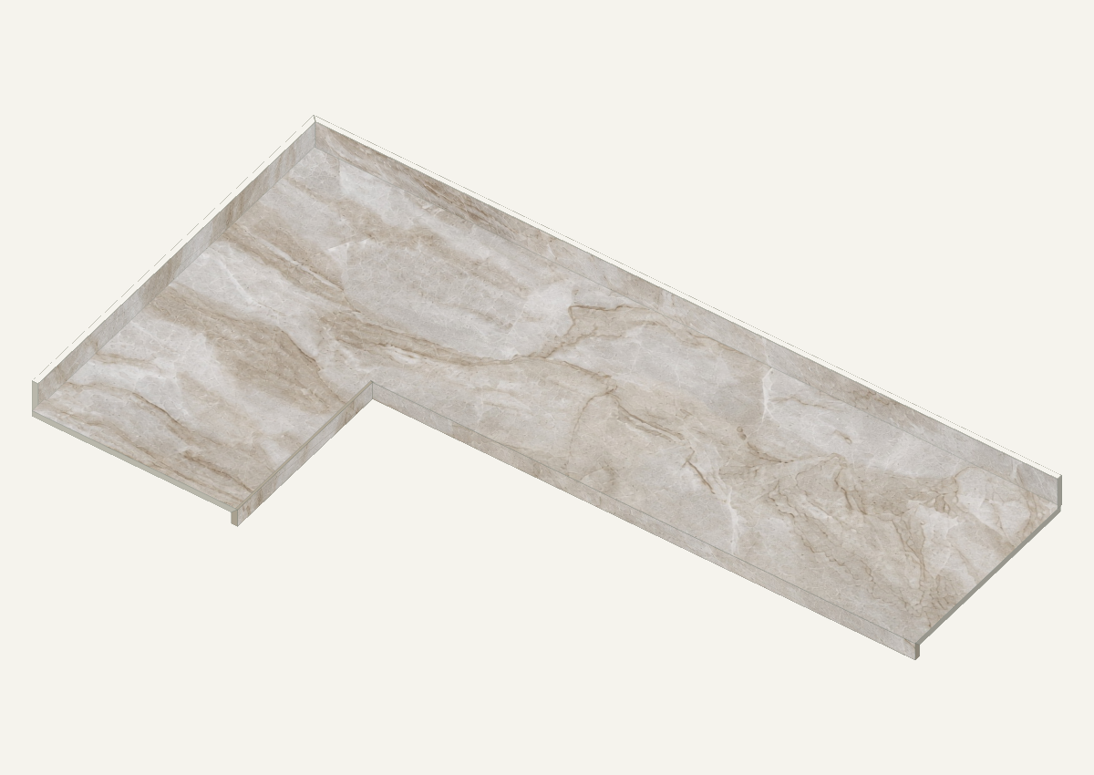 Engine-generated Kitchen L assembly with two mitered profile bands and two backsplashes, using the approved illustrative stone image