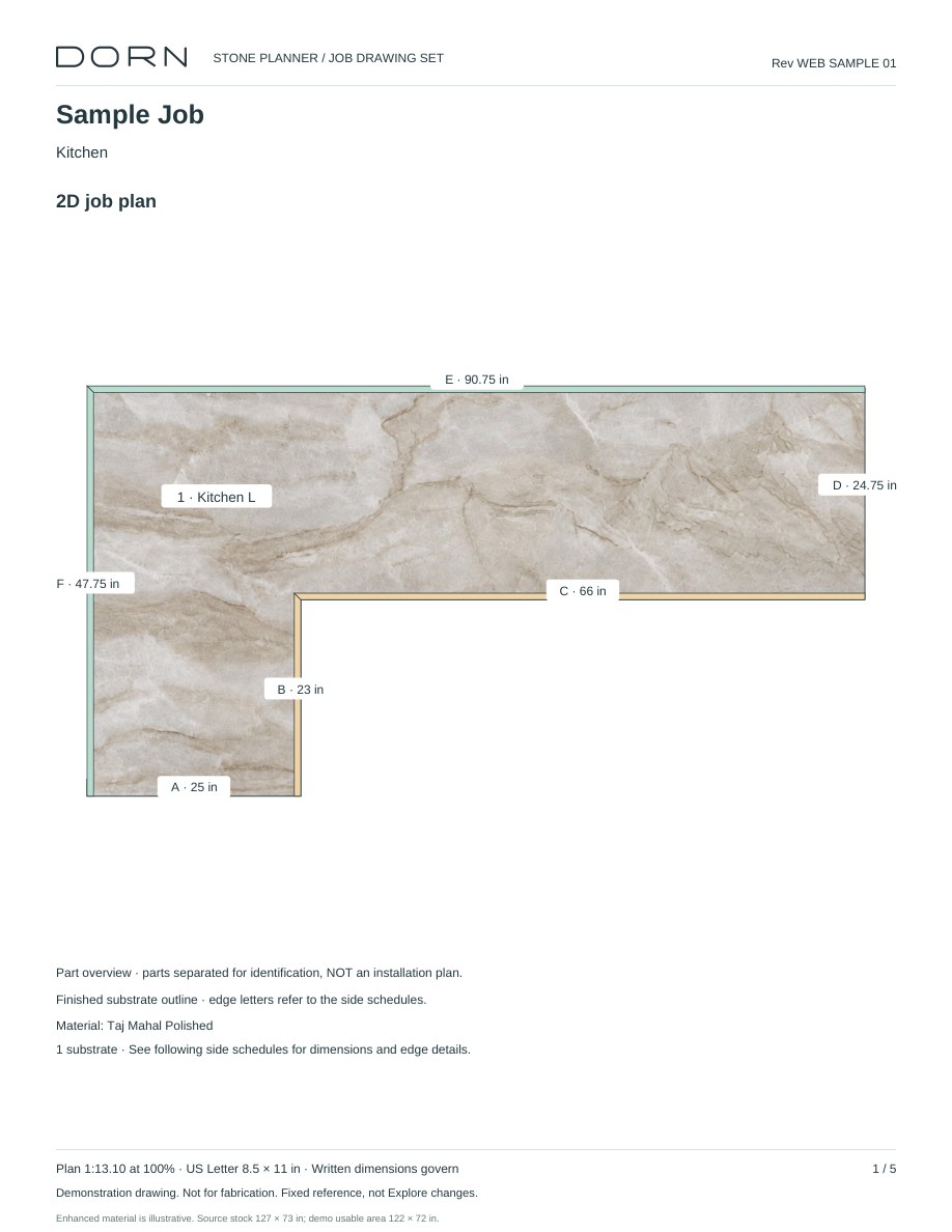 Sample Job Kitchen L 2D plan with labeled side spans